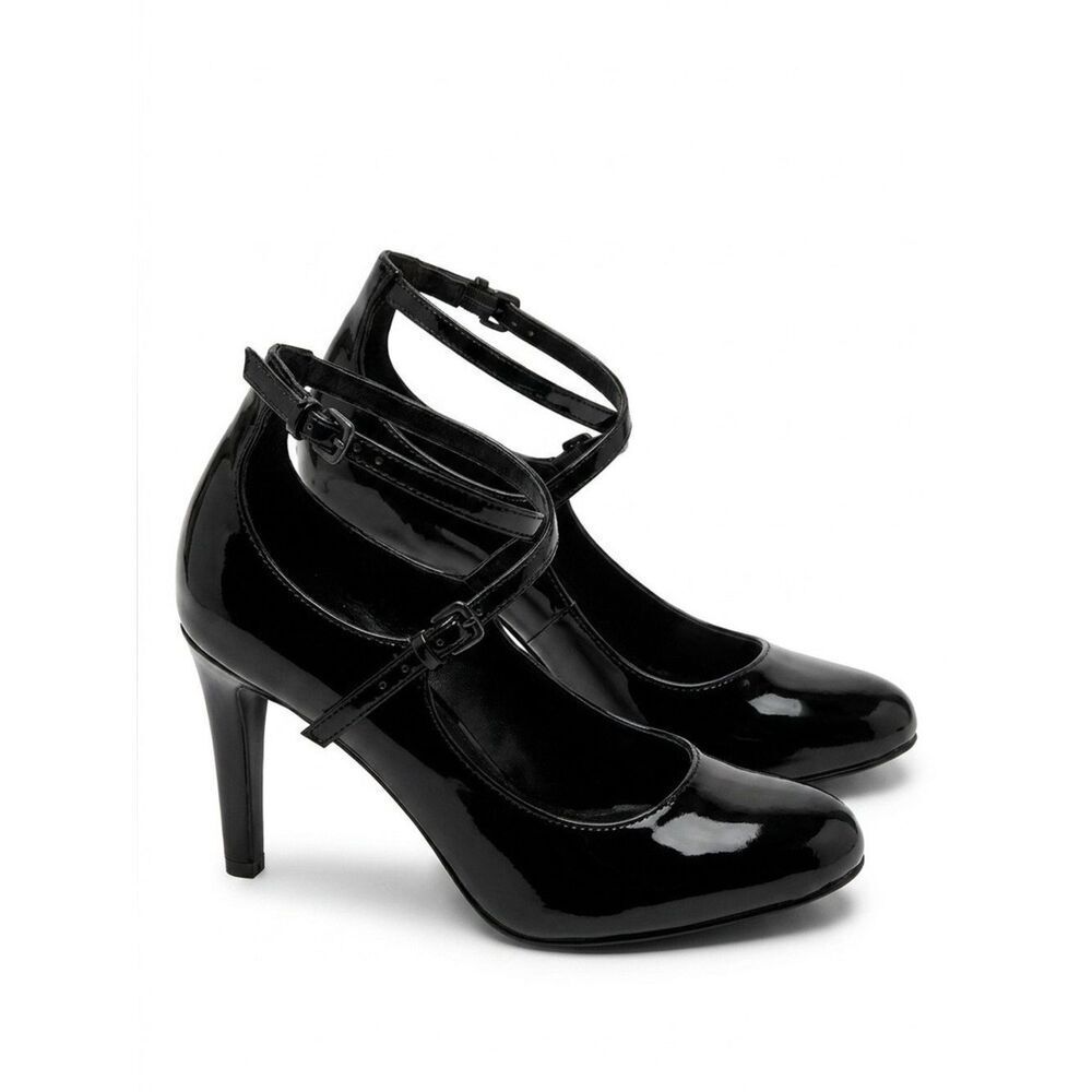Elegant Black Patent Leather Women's Ankle Strap Heels by Nine West size 8.5 EUC